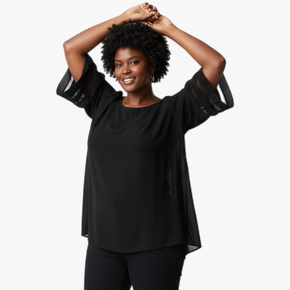 ➕ Maurices Plus Black Sheer Detail Flowing Cape Style Belle Sleeve Top Size 3x